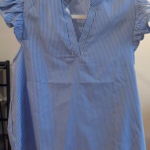 Blue white stripe blouse with ruffle sleeves